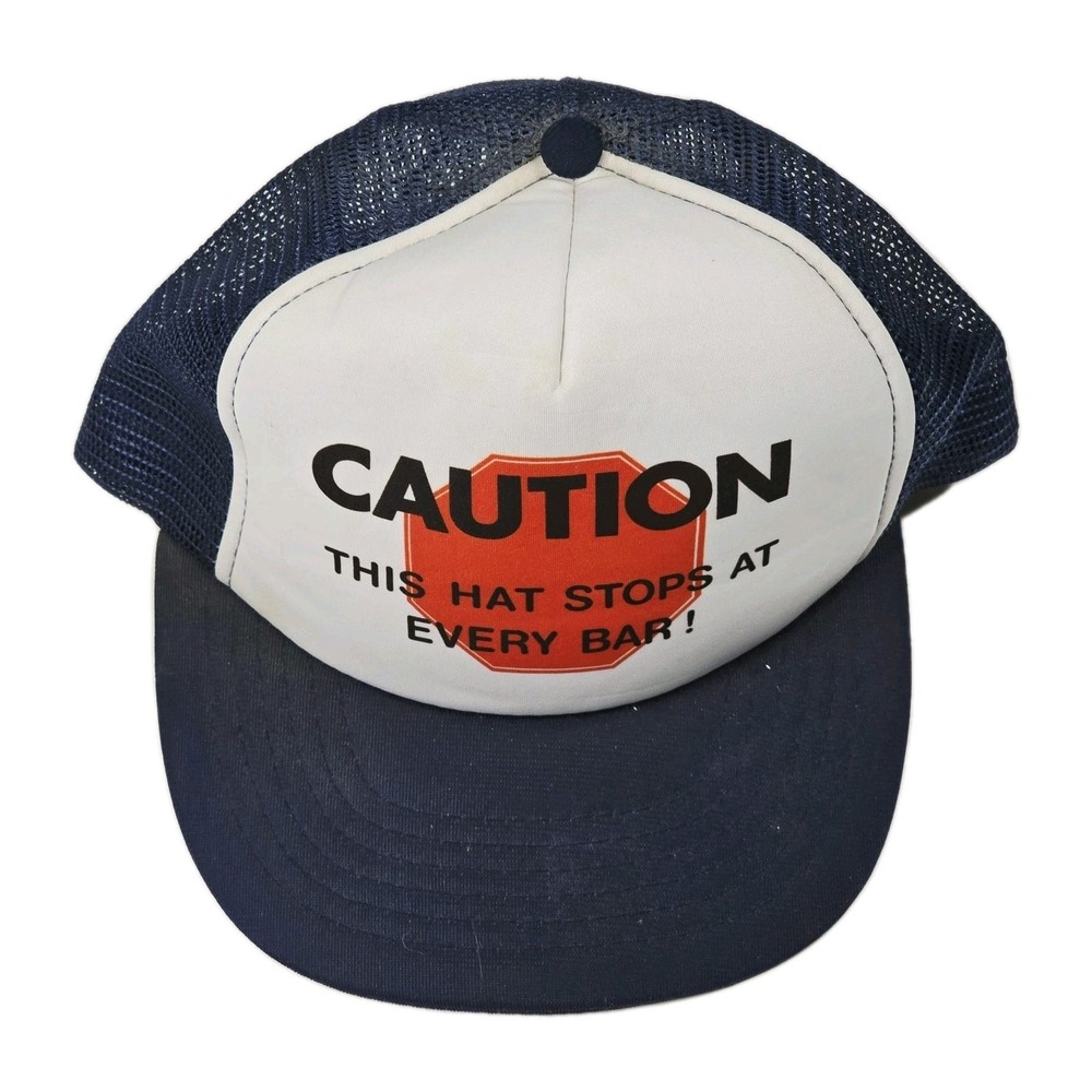 Vintage Caution This Hat Stops At Every Bar‎ Trucker Hat Snapback Funny Novelty